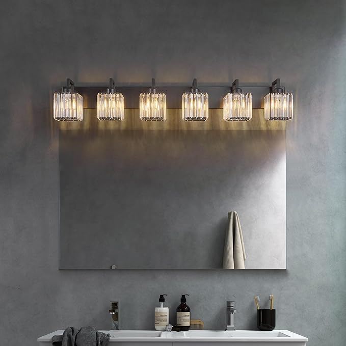 Black Bathroom Light Fixture, 6-Light Crystal Vanity Lighting, Bathroom Lighting Fixtures Over Mirror, Modern Crystal Wall Lamp