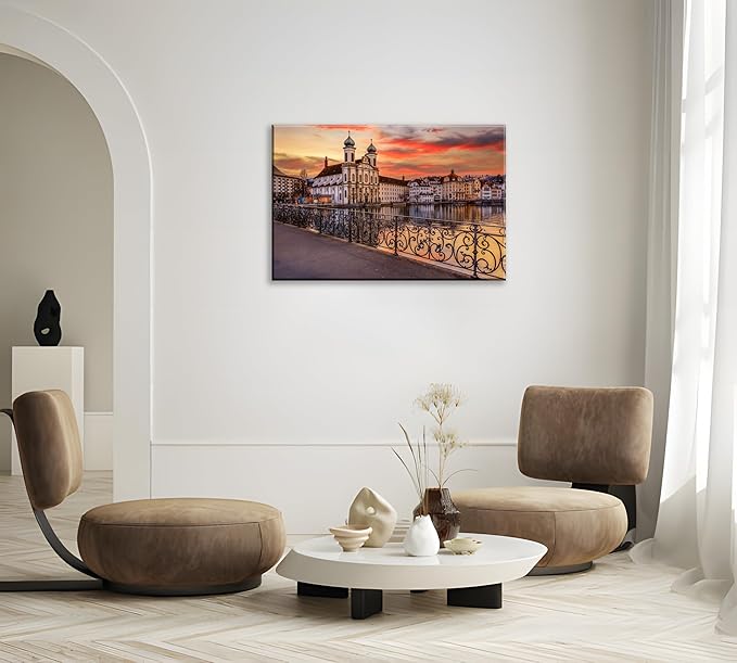 Mordern 1Pcs European Cityscape Canvas Wall Art Scenic Sunset Over River Cathedral with Domes Ready to Hang Architecture Romantic Travel Destination Decorative Framed Artwork for Living Rooms Bedrooms