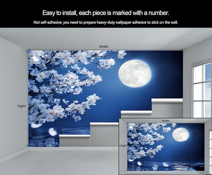 Japanese Mural Wallpaper, Japanese Cherry Blossoms Murals, Moon View Murals Wallpaper for Living Room Bedroom Home Decor Mural - 118" W x 82.25" H (Not Peel Stick)