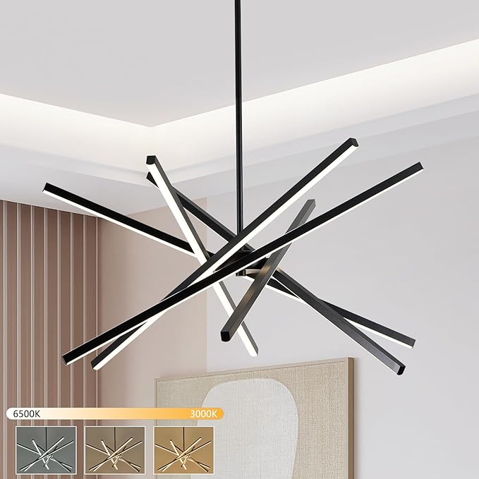 Modern Black Chandelier Light Fixtures - LED 6-Lights Dining Room Linear Chandeliers Sputnik Pendant Lights Fixture Over Table 3000K 4500K 6000K Dimmable for Kitchen Island Living Room
