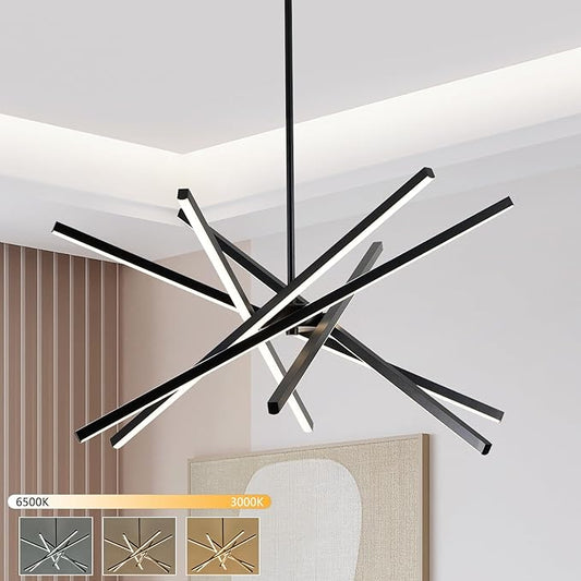 Modern Black Chandelier Light Fixtures - LED 6-Lights Dining Room Linear Chandeliers Sputnik Pendant Lights Fixture Over Table 3000K 4500K 6000K Dimmable for Kitchen Island Living Room