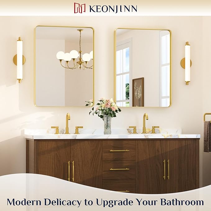 Keonjinn Gold Bathroom Mirrors for Vanity, 24 x 32 Inch Rounded Rectangle Gold Mirror for Wall, Brushed Brass Mirror with Metal Frame, HD Tempered Glass Modern Gold Framed Mirrors(Horizontal/Vertical)