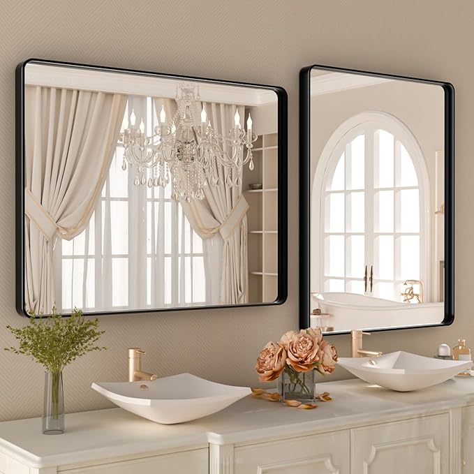 Black Bathroom Vanity Mirror 48x32 Inch,Rounded Rectangle Matte Black Mirror for Wall,Black Matel Frame Mirror for Bathrooom,Farmhouse,Tempered Glass,Horizontal or Vertical