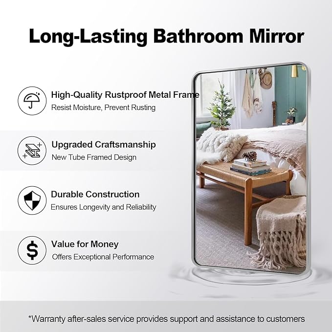 ANDY STAR 48”X30” Chrome Bathroom Mirrors, Polished Chrome Vanity Mirror, Rounded Rectangle Mirror for Wall, SUS304 Anti-Rust Tube Metal Frame, Wall Mounted Horizontal/Vertical 1’’ Deep