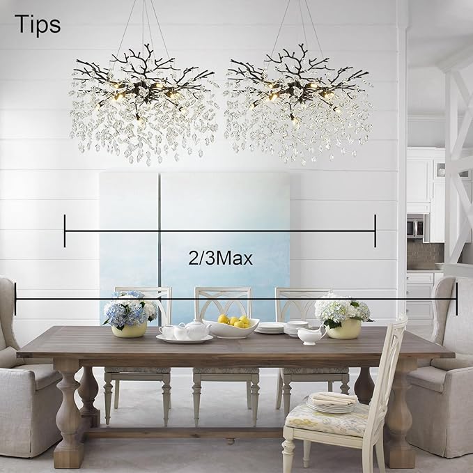 Modern Farmhouse Chandeliers for Dining Room, 24" Black Crystal Chandelier Round Tree Branch Chandelier 8-Light Dining Room Light Fixture Adjustable Antique Vintage Chandelier for Living Room