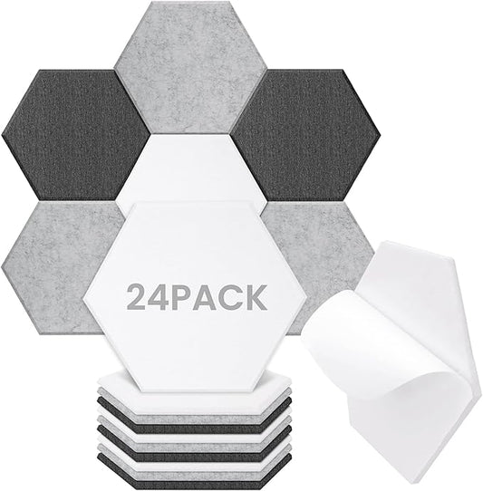 24 Pack Hexagon Acoustic Panels, 12"X10"X 0.4"Black, White and Gray Hexagon Self Adhesive Soundproof Wall Panels, High-Density Sound Absorbing Panels, Acoustic Treatment Panels