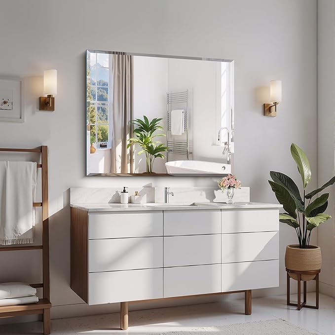 Beveled Mirror, 30x36 Inch Bathroom Mirrors for Wall Unframed, Upgraded Shatterproof Frameless Vanity Mirror Over Sink with Beveled Edge for Bathroom, Bedroom, Living Room and Entryway
