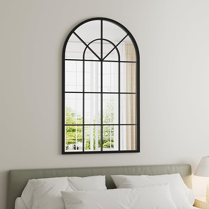 Arch Wall Mirror Mounted Decorative, 24"x42", Arched Window Pane Mirror for Wall-Mounted for Entryway, Bathroom Vanity, Living Room or Bedroom, Iron Frame, Black