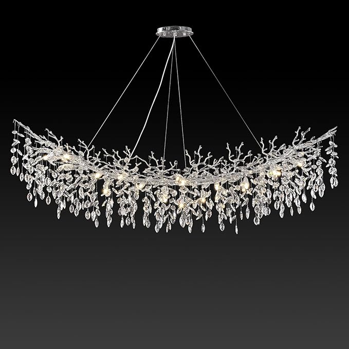 Modern Crystal Silver Chandeliers,72" Large Rectangular Chandeliers for Dining Room, Tree Branch Crystal Lving Room Chandelier,Dining Room Over Table Chandelier,Fixture Height-Adjustable