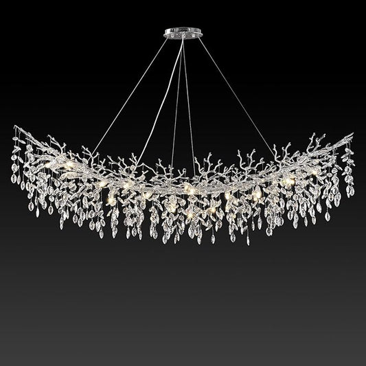 Modern Crystal Silver Chandeliers,72" Large Rectangular Chandeliers for Dining Room, Tree Branch Crystal Lving Room Chandelier,Dining Room Over Table Chandelier,Fixture Height-Adjustable