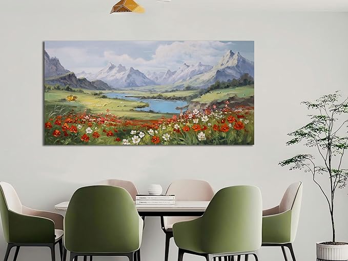 Arjun Landscape Wall Art Canvas for Living Room, Extra Large Mountain Nature Painting Bedroom Textured Floral Scenery Picture Framed Artwork for Office Home Dining Room Wall Decor 58"x29"