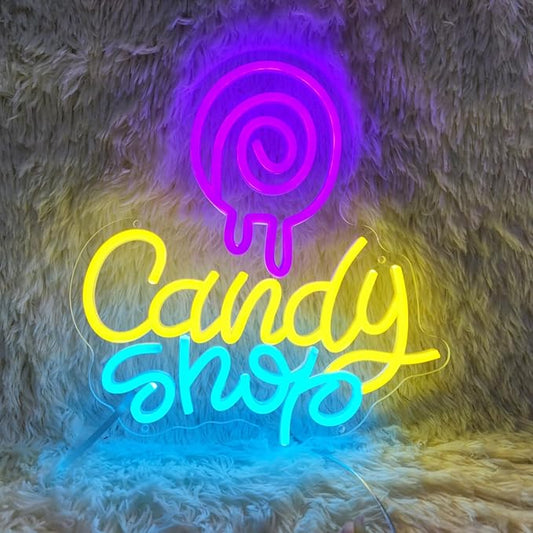Candy Neon Sign Candy Bar Signs Candy Shop Neon Candy Sign Cherry Neon Signs for Wall Decor, NeonCandy Display Snack Sign for Sweet Shop Bedroom Birthday Party Decoration, 12.5" x 13.3"