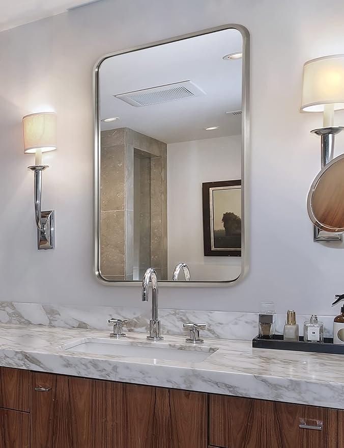ANDY STAR 24x32 INCH Brushed Nickel Mirror, Rounded Rectangle Silver Metal Framed Mirrors for Bathroom Anti-Rust SUS304, Tube Metal Frame, 1’’ Deep Wall Mounted Vertically/Horizontal