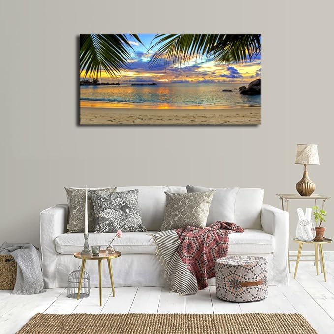 Ocean Beach Wall Art Living Room Wall Decor Large Size Tropical Palm Tree Leaves Beach Sunset Seascape Canvas Artwork Contemporary Ocean Nature Picture for Bedroom Living Room Bathroom Home Office Kitchen Wall Decor 24" x 48"