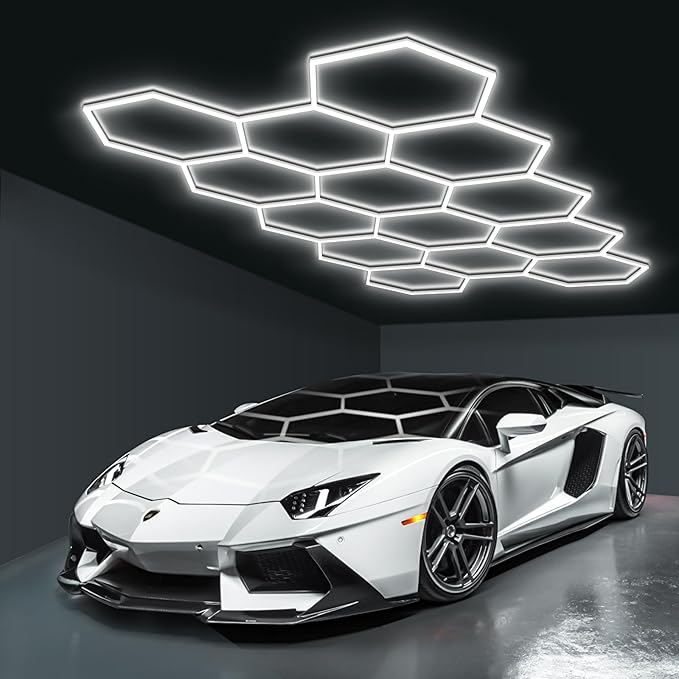 BRILLIHOOD Hexagon Garage Lights, LED Honeycomb Garage Lights, 456W, 54720LM, 6500K Super Bright, 14 Grid Systems Car Detailing Lighting for Warehouse Workshop Basement Gym