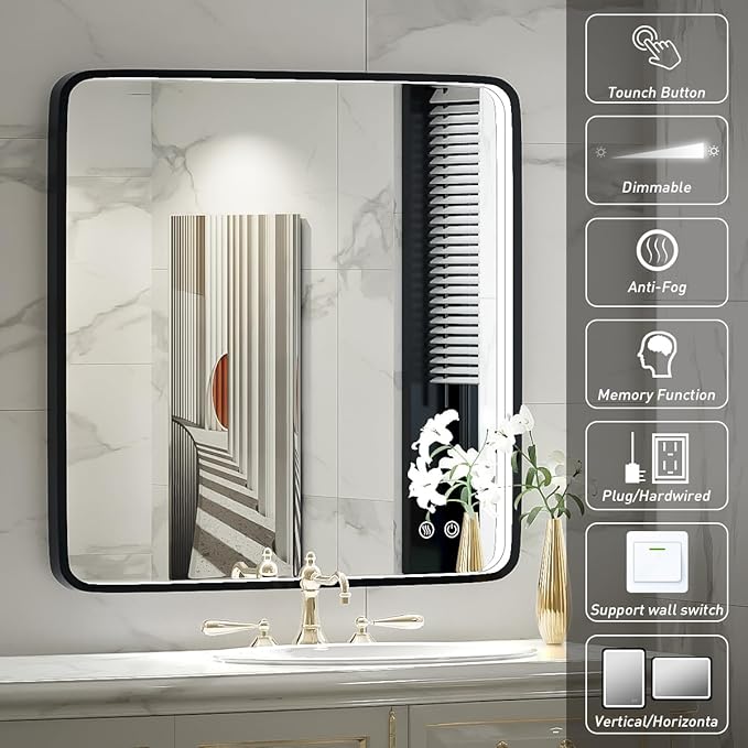 36X36 Inch Black Frame Bathroom with Lights,Wall Mounted Lighted Vanity Mirror,Anti Fog Dimmable Led Mirror for Makeup(Horizontal/Vertical)
