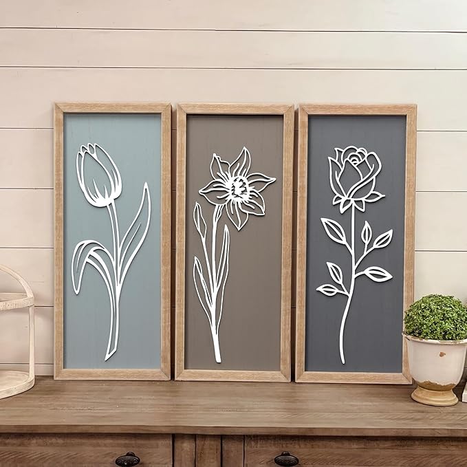 3D Wooden Floral Framed Wall Decor of 4, 7"X16" Farmhouse Vintage Boho Minimalist Flower Wall Art for Living Room, Rustic Retro Moody Vertical Tulip Rose Daisy Daffodil Botanical Wall Sculptures