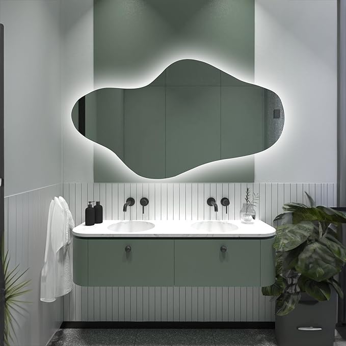 Asymmetrical Led Lighted Mirror for Bathroom, Irregular Vanity Mirror with Lights, Washbasin Backlit Led Illuminated Wall Mirror (Cool Light, 20"x35.4" inc | 51x90 cm)