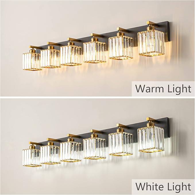 Modern Bathroom Vanity Light 6-Lights Black Gold Crystal Bathroom Wall Light Vanity Light Fixtures，44.09-inch Modern Minimalist Design