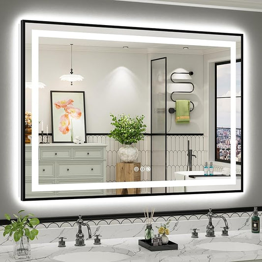 55x40 Inch LED Bathroom Mirror with Black Frame, Backlit & Front Lit, Anti-Fog Lighted Bathroom Vanity Mirror for Wall, Memory Function, Dimmable, HD Tempered Glass, Shatter-Proof