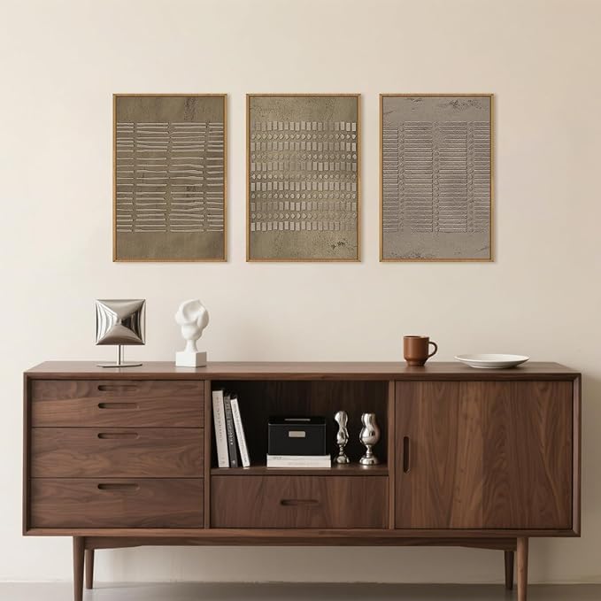 Aryroi Large Abstract Brown Beige Framed Canvas Wall Art,Modern Lines Dots Wall Decor,Boho Neutral Minimalist Artwork,Mid Century Geometric Art Print for Living Room,Bedroom,Office- 24"x36"x3