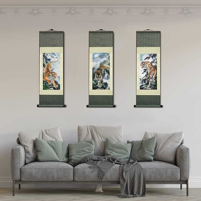 AtfArt Asian Wall Decor - Beautiful Silk Painting Animal - Tiger King Deterrence - Oriental Decor Chinese Art Wall Scroll (36.2 x 12 in)