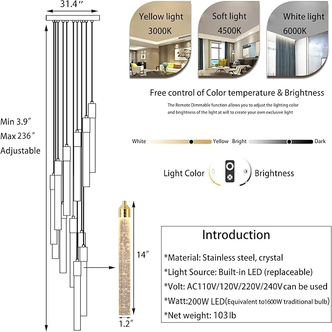 236'' Modern Crystal Chandeliers Long High Ceiling Chandelier for Staircase Dimmable LED Spiral Chandelier Hanging Ceiling Light Fixture for Entryway Foyer Hallway