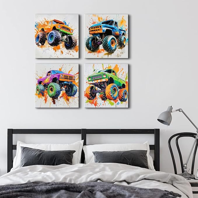 Multicolor Monster Car Wall Art Funny Truck Canvas Prints Pictures Kids Bathroom Bedroom Wall Decor Cool Graffiti Monster Truck Poster Artwork for Boys Gamer Men Domitory Home Decorations 16x16” 4 Pcs