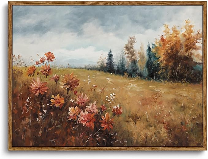 KISSFOX Vintage Fall Countryside Framed Wall Art Autumn Wildflower Forest Landscape Canvas Art Farmhouse Floral Golden Fields Paintings Artwork Rustic Serene Art Prints For Kitchen Living room Bedroom