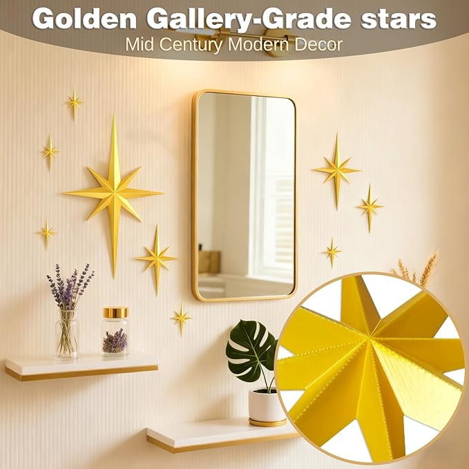 9 Pcs Mid Century Modern Decor,3D Star Art Wall Sculpture,Vintage Starburst Wall Decor,Star Hanging Sculptures Modern Celestial Home Decor,Retro Decor for Living Room Bedroom Front Door Home (9 Pcs)