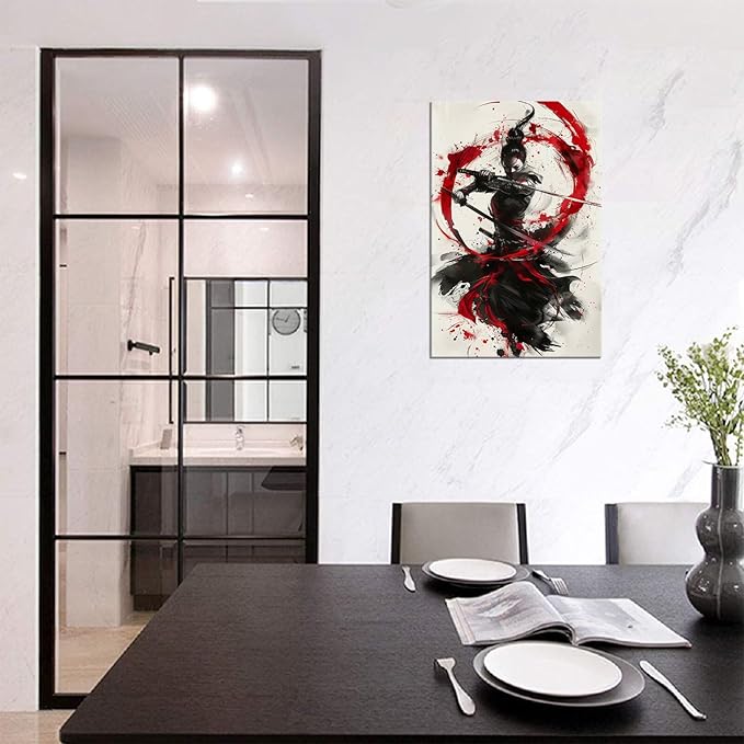 Japanese Female Samurai Wall Art Woman Fight Painting Canvas Prints Red Warrior Pictures Bushido Poster for Bedroom Classroom Dorm Living Room Aesthetic Decor Framed (28''W x 44''H)