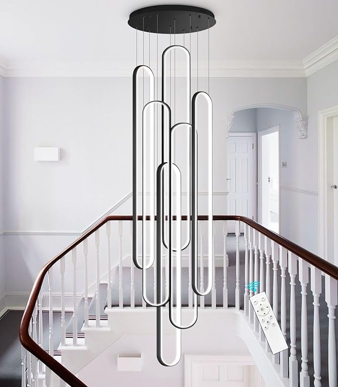 Modern High Ceiling Chandelier for Foyer Black 6 Rings Chandeliers LED Dimmable Chandelier for Living Room Staircase Villa