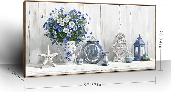 Nicetop Oversized Framed Wall Art for Living Room – Large Floral Canvas Print Blue and White Still Life Artwork Giant Shabby Chic Picture Bedroom Dining Room Office Beach Rustic Country Decor 58x29 Inch