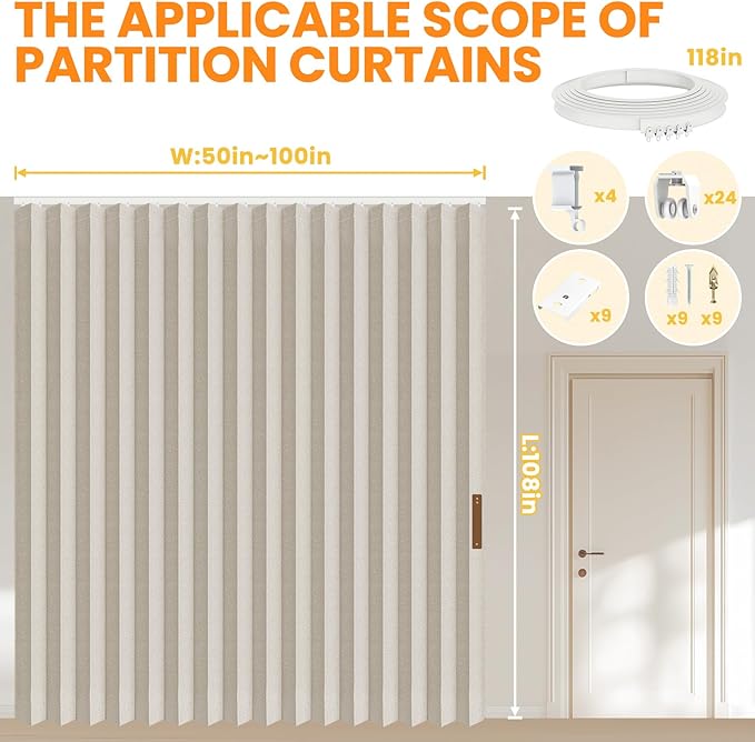 100% Blackout Room Divider Curtains - Total Privacy Curtain Panel, Thermal Insulated Noise Reduction Curtain for Bedroom Windows, Include Ceiling Curtains Track(Cream White, W100 x L108, 1 Pack)