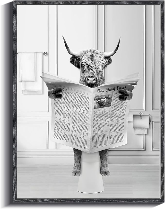 KBKBART Framed Highland Cow Bathroom Art, 12x16 Inch Canvas Cow in Bathtub, Black and White Wall Art, Cute Humor Animal Bathroom Decor