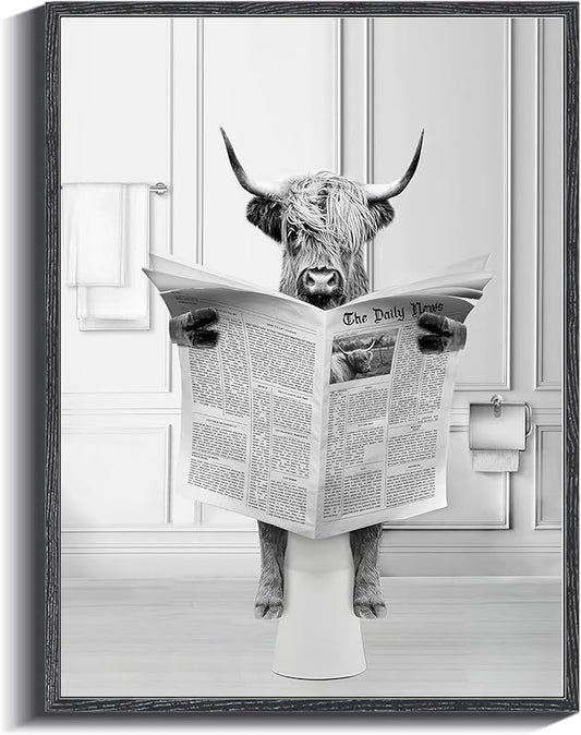 KBKBART Framed Highland Cow Bathroom Art, 12x16 Inch Canvas Cow in Bathtub, Black and White Wall Art, Cute Humor Animal Bathroom Decor