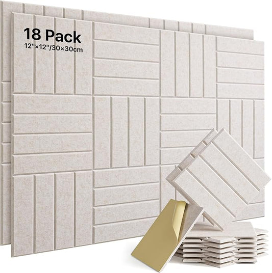 18 Pack Sound Proof Foam Panels for Walls, Self-Adhesive Acoustic Panels Sound Absorbing, 12" X 12" X 0.4" High Density Soundproof Wall Panels Tiles for Door, Ceiling, Home Office