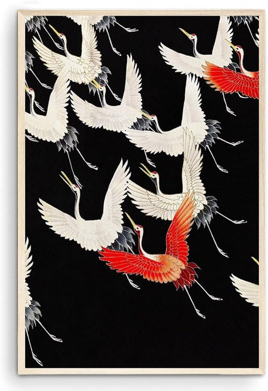 OZCONO Japanese Flying Cranes Wall Art Print, Black and Red Traditional Art, Unframed Gallery Quality Giclée Print (14L x 11W)