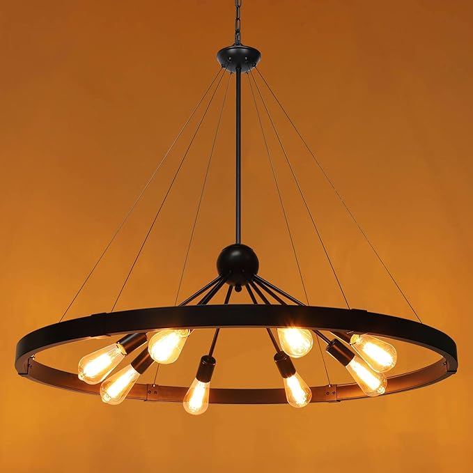38.2'' Large Black Wagon Wheel Chandelier for Dining Room, 8-Light Country Round Metal Pendant Light Fixtures for Living Room Entryway Foyer Stairs Kitchen Island