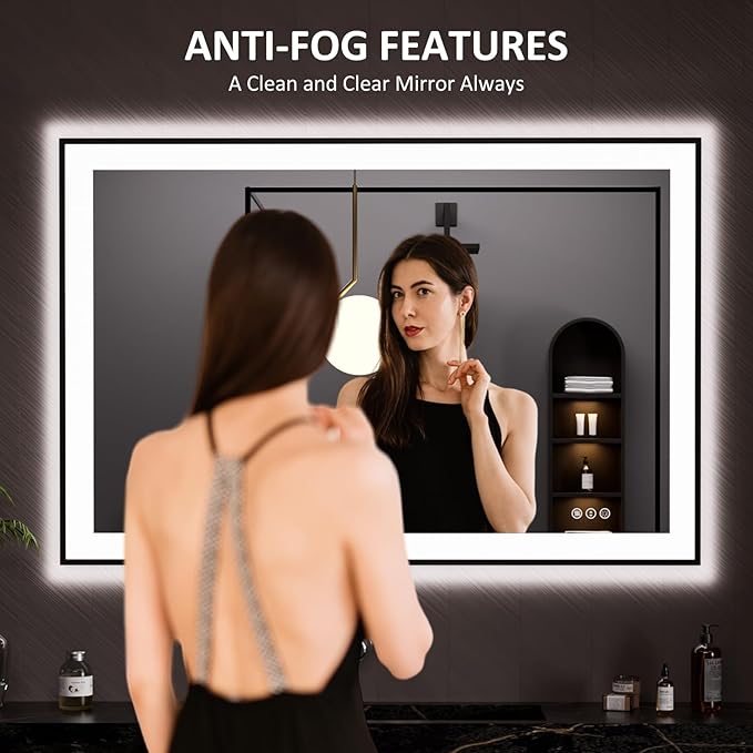 LOAAO 48"X32" LED Bathroom Mirror Black Framed, Anti-Fog, Dimmable, Lighted Bathroom Vanity Mirror for Wall, Memory Function, Tempered Glass