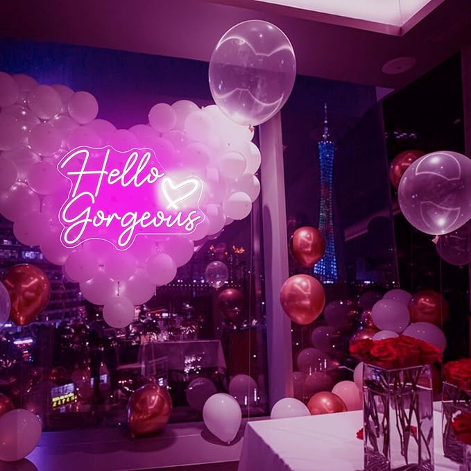 Neonwall Hello Gorgeous Neon Sign for Wedding, Led Neon Light Sign for Bedroom Room Decor Birthday Party USB Operated Game Center Neon Light for Art Gift 22" （Pink +White Heart)