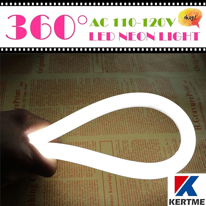 360° Neon Led Type AC 110-120V 360 Degree NEON LED Light Strip, Flexible/Waterproof/Dimmable/Multi-Modes LED Rope Light + Remote for Home/Garden/Building Decor (16.4ft/5m, White 6000K)