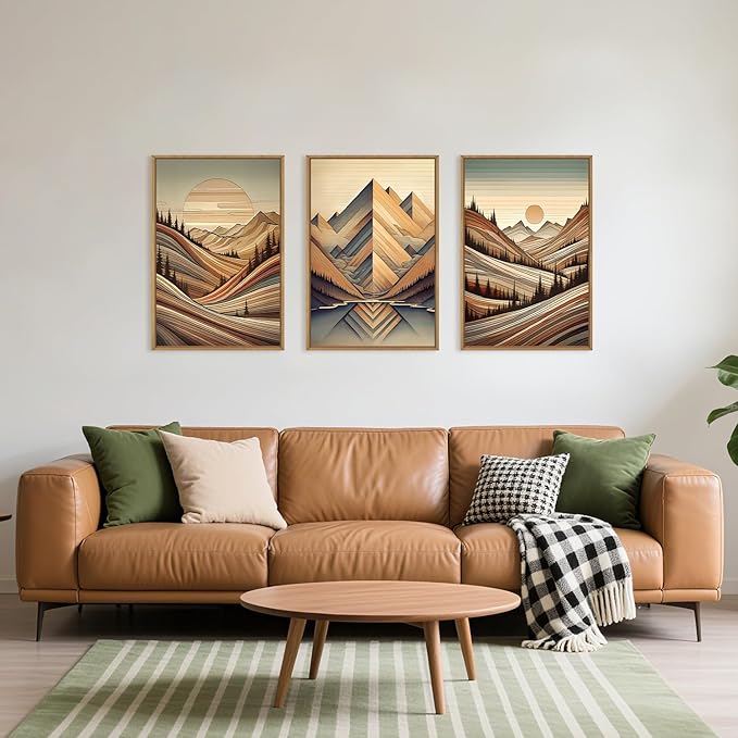 Large Vintage Woodcut Style Mountain Framed Canvas Wall Art,Mid Century Woodland Wall Decor,Boho Sunrise Forest Artwork,Modern Neutral Nature Art Print for Living Room,Bedroom,Office- 24"x36"x3