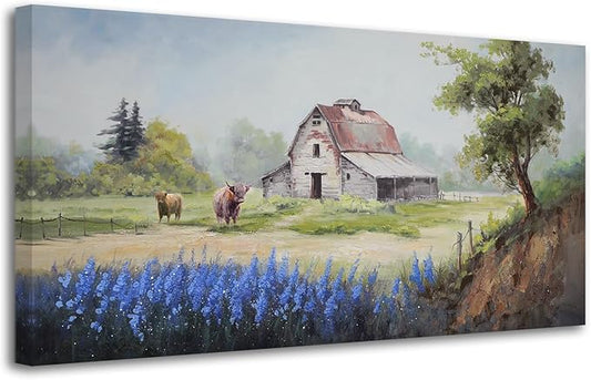 Arjun Farmhouse Canvas Wall Art Farm Highland Cow Landscape Picture Rustic Countryside Barn Painting Village Nature Artwork Large Size Framed for Living Room Bedroom Home Office Wall Decor, 48"x24"