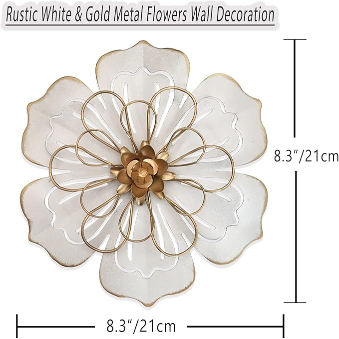 Metal Flower Wall Art Decor, 8.3" Rustic Modern Floral Sculpture, Distressed Iron Wall Hanging Home Decoration Accent Artworks for Indoor Kitchen Bedroom Living Room Office Outdoor Garden Patio - 06