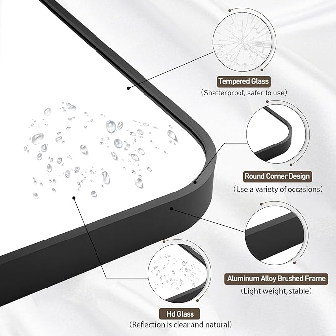 Black Bathroom Mirror, 48x30 Inch Matte Black Mirror, Aluminum Alloy Framed Vanity Mirror, Rounded Rectangle Bathroom Mirror for Over Sink, Anti-Rust Wall Mirror (Horizontally or Vertically)