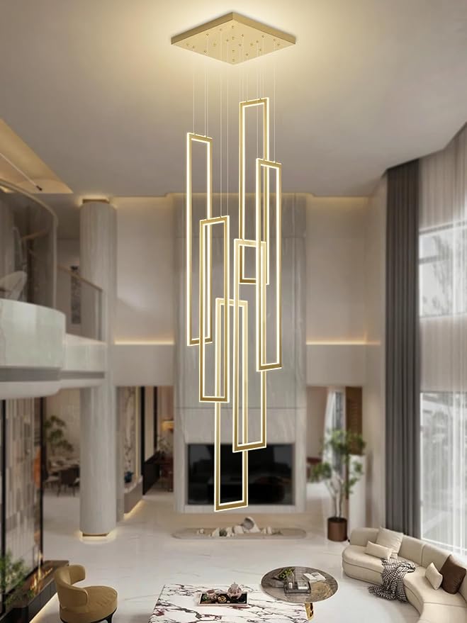 6-Rings Modern Chandelier,H138 Rectangle Chandeliers for Staircase,LED Dimmable High Ceiling Chandeliers Large Contemporary Chandelier for Villa Foyer Gold