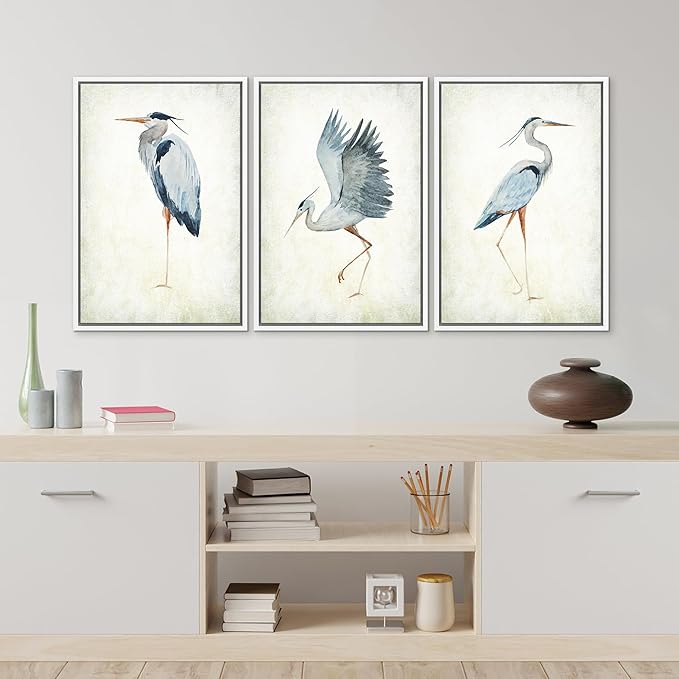MUDECOR Framed Canvas Print Wall Art Heron Bird Wild Animal Prints Minimalist Modern Art Boho Relax Cozy Decor for Bedroom - 24"x36"x3 White