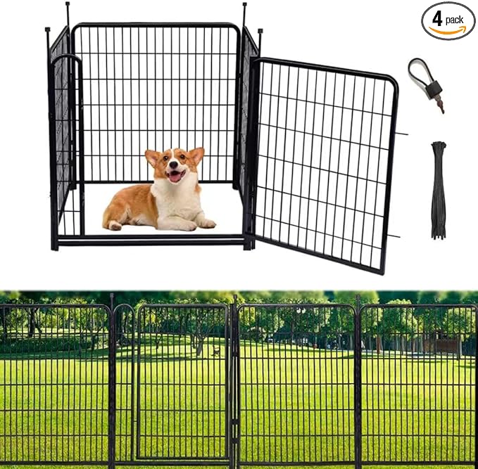 48 in(H) Garden Fences and Borders, Dog Fence Outdoor for Yard, 4 Panels Total 8.9 Ft(L) Animal Barrier Fence No Dig, Heavy Metal Fencing for Garden Beds, Rabbit Fence