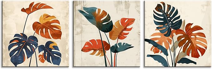 NAN Wind 3Pcs Modern Mid-century Abstract Tropical Monstera Leaf Canvas Art Orange and Blue Botanical Wall Print Minimalist Wall Decor Tropical Leaves Framed Wall Art for Contemporary Home Decor